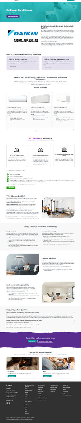 Climat Air Conditioning & Solar full-page image showcasing energy-efficient climate solutions, including Daikin air conditioners and Daikin reverse cycle air conditioners for homes and businesses.